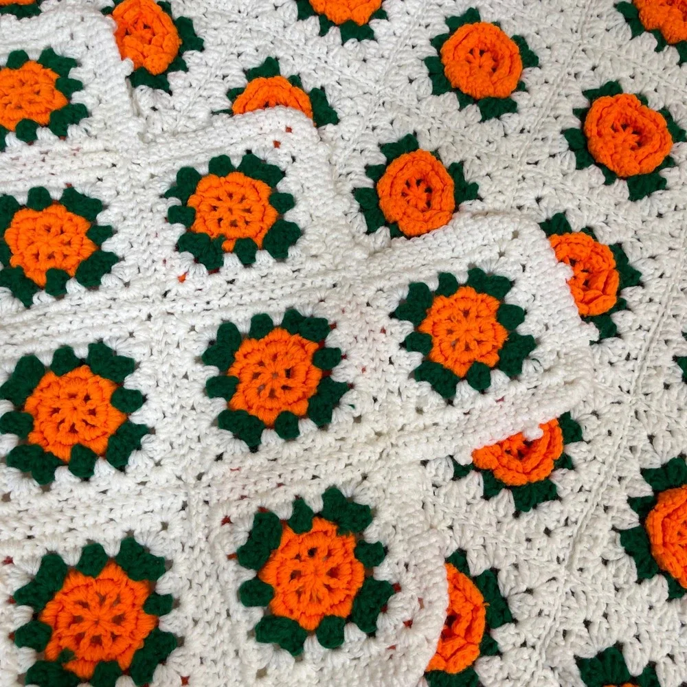 Vintage Crochet 3D Floral Knit Granny Square Blanket Orange‎ White Fall Decor